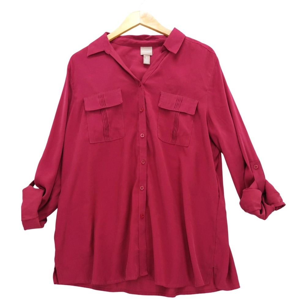 Chicos Roll Tab Sleeve Button Down Shirt Sz 3 XL Top‎ Pintuck Pockets
